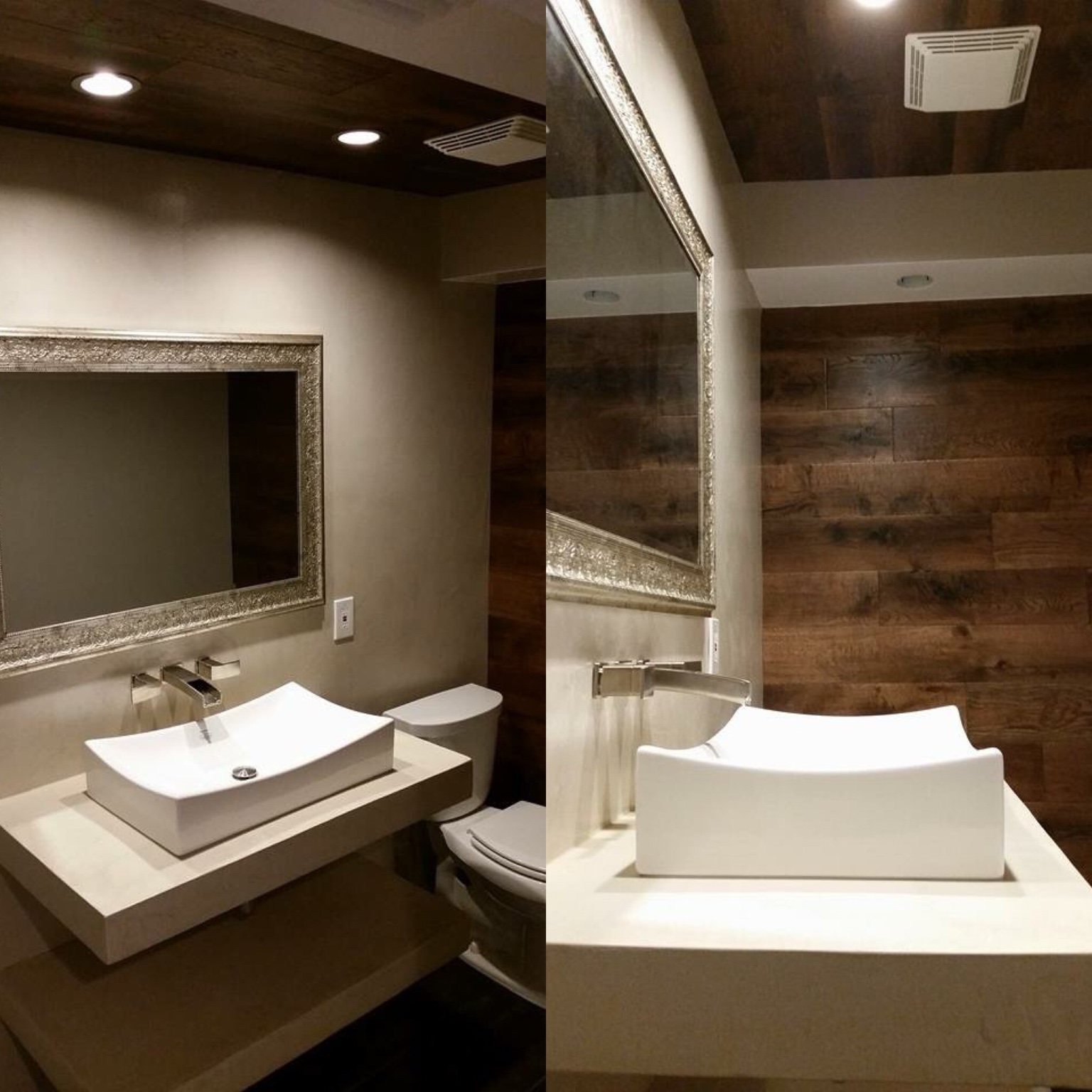 Bathroom with dark wood paneling on the wall and ceiling beside a floating vanity